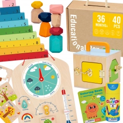 Tooky Toy montessori vzdelávací box 6v1: zamykací box, vyvažovacie kamene, tabuľa počasia, počítanie 1–10, omaľovánky a knižka