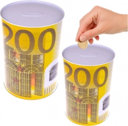 Kovová pokladnička v tvare plechovky s motívom bankovky 200 Euro
