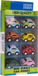 Sada 8 kovových autíčok s pohonom a gumovými pneumatikami