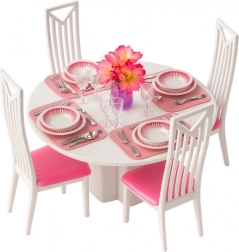 Súprava nábytku pre bábiky – jedáleň so stolom, stoličkami a riadom, 43 dielov