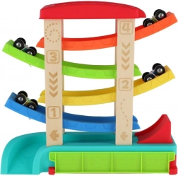 Kaskádová pretekárska dráha pre autíčka so 4 vozidlami, drevo a plast, 33 × 32 × 10 cm