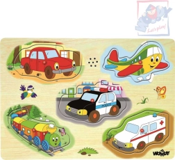 Woody drevené zvukové puzzle dopravné prostriedky 5 dielikov