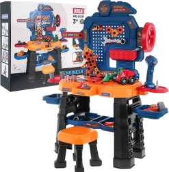 Detský pracovný dielenský stôl 3+ s interaktívnou aku vŕtačkou, stoličkou a 181 dielmi