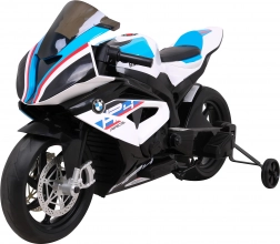 Detská elektrická motorka BMW HP4, biela, pomocné kolieska, pomalý štart, kolesá EVA, MP3 a LED