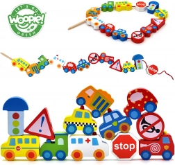 Woopie Green drevené navliekacie koráliky vozidlá 13 ks