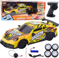 RC športové auto s podsvietenou karosériou a driftovacími kolesami – žlté