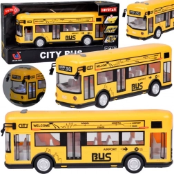 Žltý mestský autobus so svetlami, zvukmi a otváracími dverami