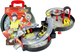 Dvojposchodové parkovisko pre autá v kufríku v tvare kolesa