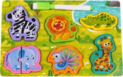 Drevená tabuľa s obojstranným povrchom a zvieracími puzzle – Safari
