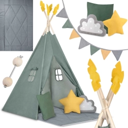 Detský teepee stan Nukido zelený s podložkou a vankúšmi