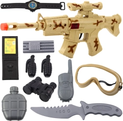 Vojenská sada s puškou a príslušenstvom, zvuk výstrelu, pieskové maskovanie