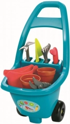 Záhradný vozík pre deti s náradím, kvetináčmi a kanvičkou