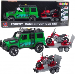 Terénne auto s prívesom a motorkou so svetlami a zvukmi – zelené