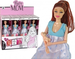 Tehotná bábika v modrých šatách s bábätkom