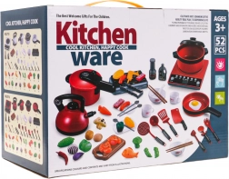 Červená sada hrncov s kuchynkou a príslušenstvom