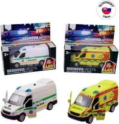 Záchranárske kovové auto so svetlom a zvukom, pull-back 12 cm