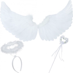 anjelské krídla s aureolou a srdcovou paličkou RUHHY – biela sada 3 ks