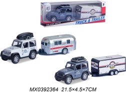 Terénne SUV s prívesom na kempovanie – pull-back kovový model