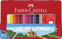 Drevené šesťhranné pastelky FABER-CASTELL 48 ks v plechovom puzdre so strúhadlom, gumou a ceruzkami