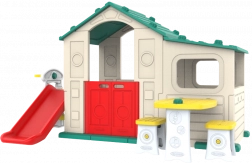 Veľký detský domček s predsieňou, šmykľavkou a zelenou strechou