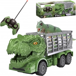 RC dinosauří nákladné auto so zeleným T‑rexom a figúrkou WOOPIE