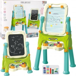 Vzdelávacia obojstranná tabuľa na stojane so zelenými doplnkami 3v1