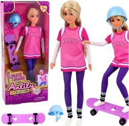 Anlily skateboardistka – bábika s fialovým skateboardom a prilbou 30 cm