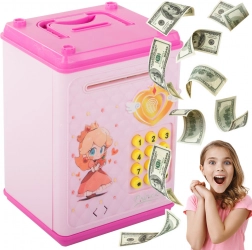 Detský trezor Ružový na PIN kód s bankovkami a mincami