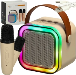 Karaoke set s bluetooth reproduktorom, 2 mikrofóny a LED podsvietením 6 W – béžový