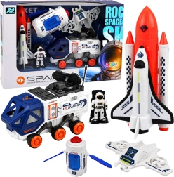 Kozmická sada s raketou, raketoplánom, satelitom, dronom, astronautom a vozidlom