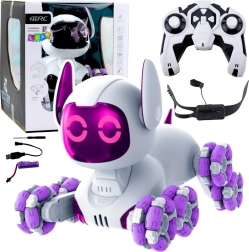 Interaktívny robotický psík TOOBY na diaľkové ovládanie 4WD, 360°, LED a zvuky – bielo‑fialový