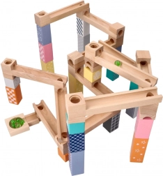 Drevený pastelový guľôčkodrom, 53 dielov + 6 sklenených guľôčok