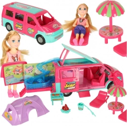 Kempingový karavan pre bábiky s príslušenstvom a bazénom