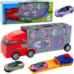 Červený kamión s mobilnou garážou a vystreľovačom + 3 autíčka