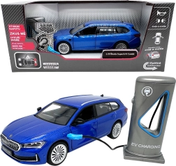 Kovový model Škoda Superb IV Combi s nabíjacou stanicou, modrý 1:35