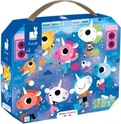 Janod puzzle v kufríku – jednorožce na koncerte, 24 dielikov