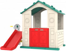 Detský záhradný domček so zelenou strechou a šmykľavkou