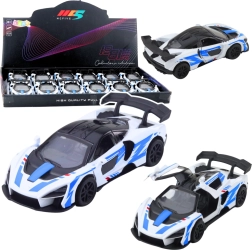 Kovový závodný športový voz 1:32 s pull-back pohonom a otváracími dverami – biely