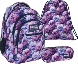 Školský set BackUP Violet Flowers 3v1 – batoh, peračník a vak