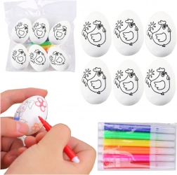 Polystyrénové veľkonočné vajíčka na maľovanie s fixkami, motív sliepočky, 6 ks