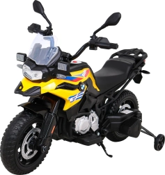 Detská elektrická motorka BMW F850 GS žltá s pomocnými kolieskami, LED a audio