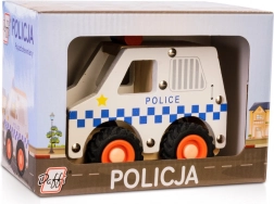 drevené policajné auto s gumovými kolesami
