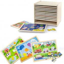 Drevené puzzle Viga – sada 12 rámových skladaniek po 24 dielikoch na stojane