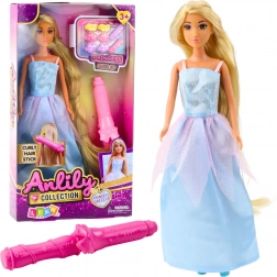 Bábika Anlily v modrých plesových šatách s doplnkami na úpravu vlasov