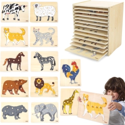 Sada drevených puzzle 12 zvieratiek Montessori so stojanom Viga