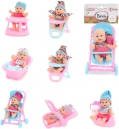 Bábika/miminko s doplnkami plast pevné telo 11 cm v sieťke