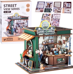 Drevené 3D puzzle kaviareň so svetlom, 120 dielov