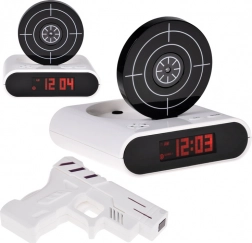 Budík so streleckým terčom a pištoľou, hra a nahrávanie alarmu