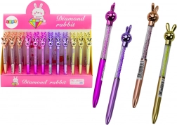 Guľôčkové pero so zajačikom s kryštálikmi, modrá náplň 0,7 mm, mix farieb