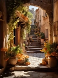 Diamantové maľovanie ulička zdobená kvetmi 30 × 40 cm